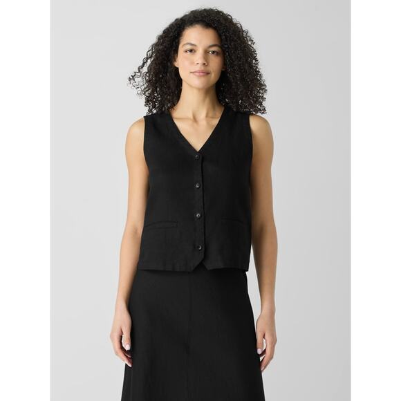 Eileen Fisher Black Organic Linen V-Neck Button Front Sleeveless Vest Size M NW - Picture 1 of 10